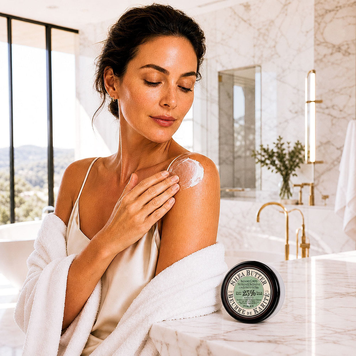 6.7 oz jar of Perlier Shea Pear Body Balm on a marble vanity next to woman applying balm