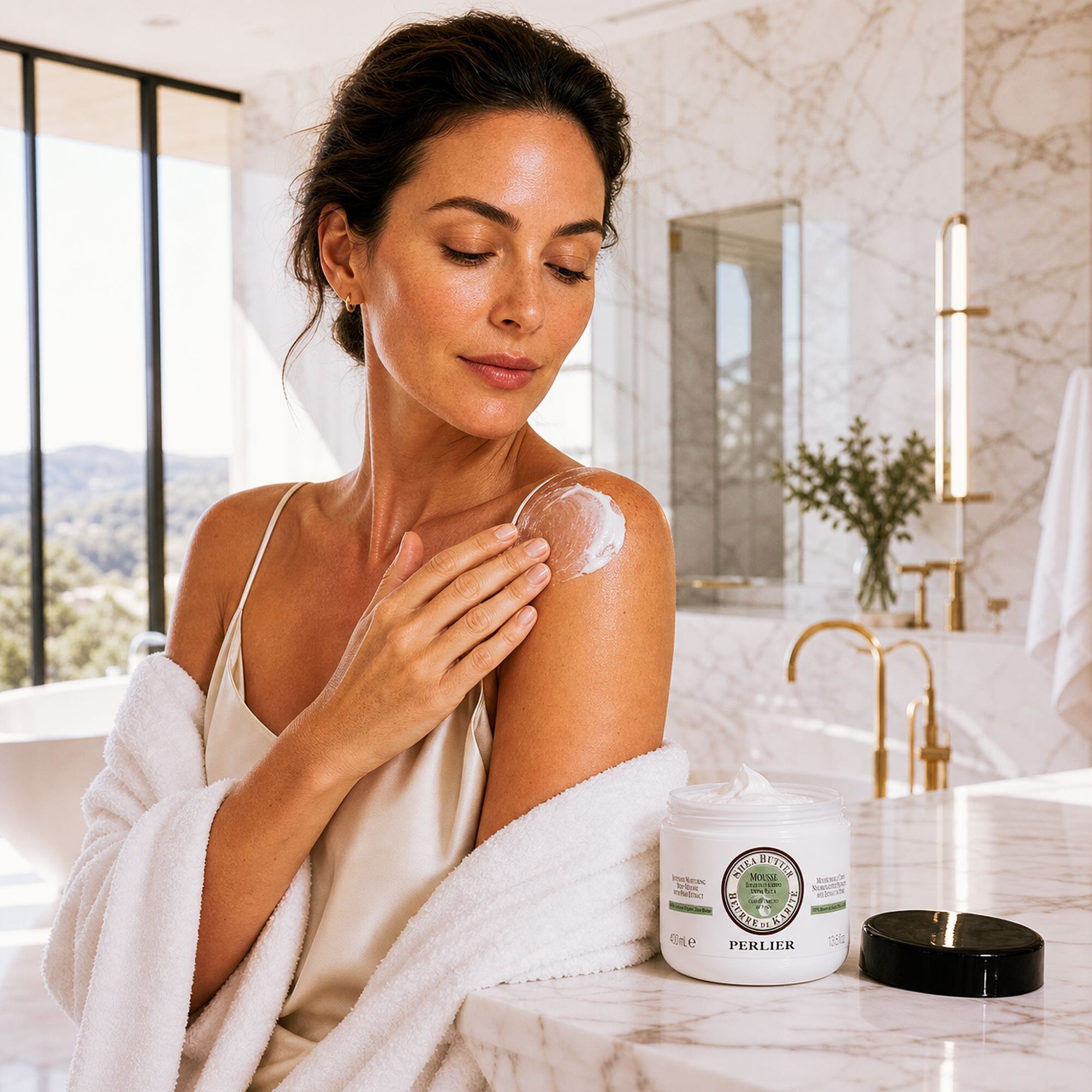 Woman applying cream to her shoulder in a bathroom with 13.5 oz jar of Perlier Shea Pear Body Mousse on the counter.