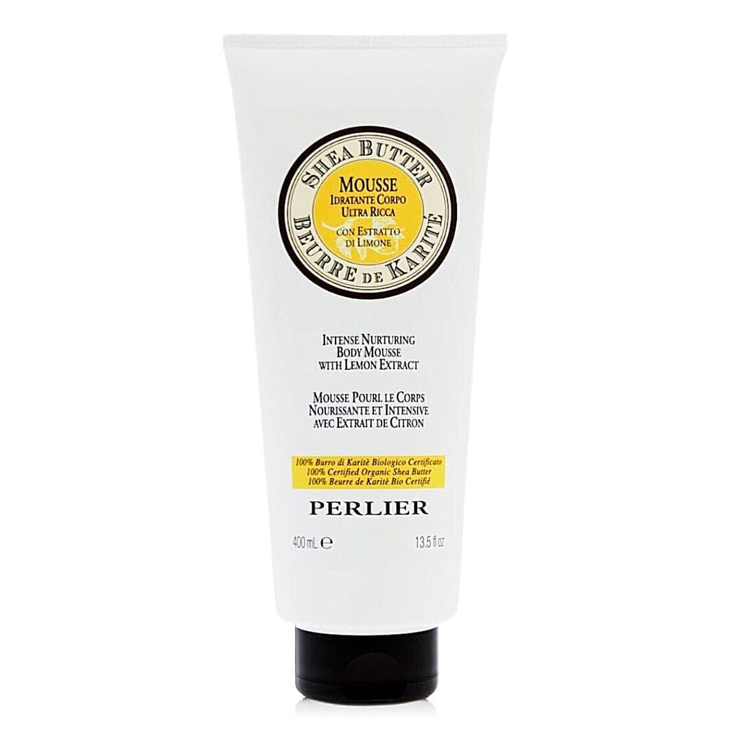 Tube of Perlier Shea Lemon Body Mousse on white background