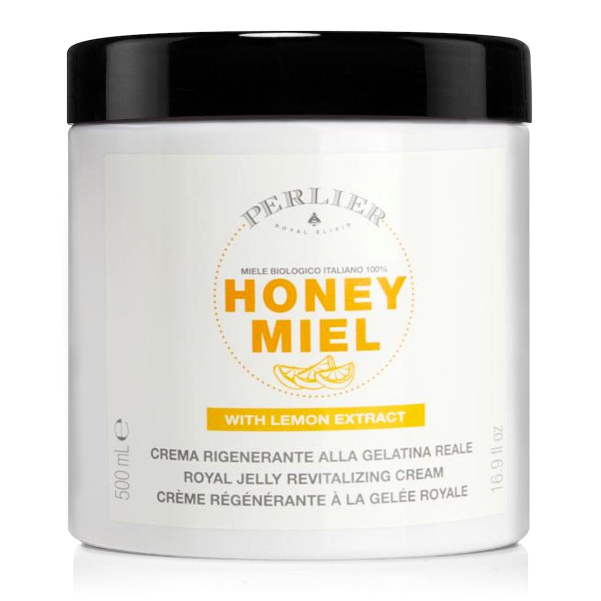 PERLIER 16.9 OZ HONEY + LEMON BODY CREAM WITH ROYAL JELLY IN A WHITE JAR WITH BLACK SCREW-TOP LID