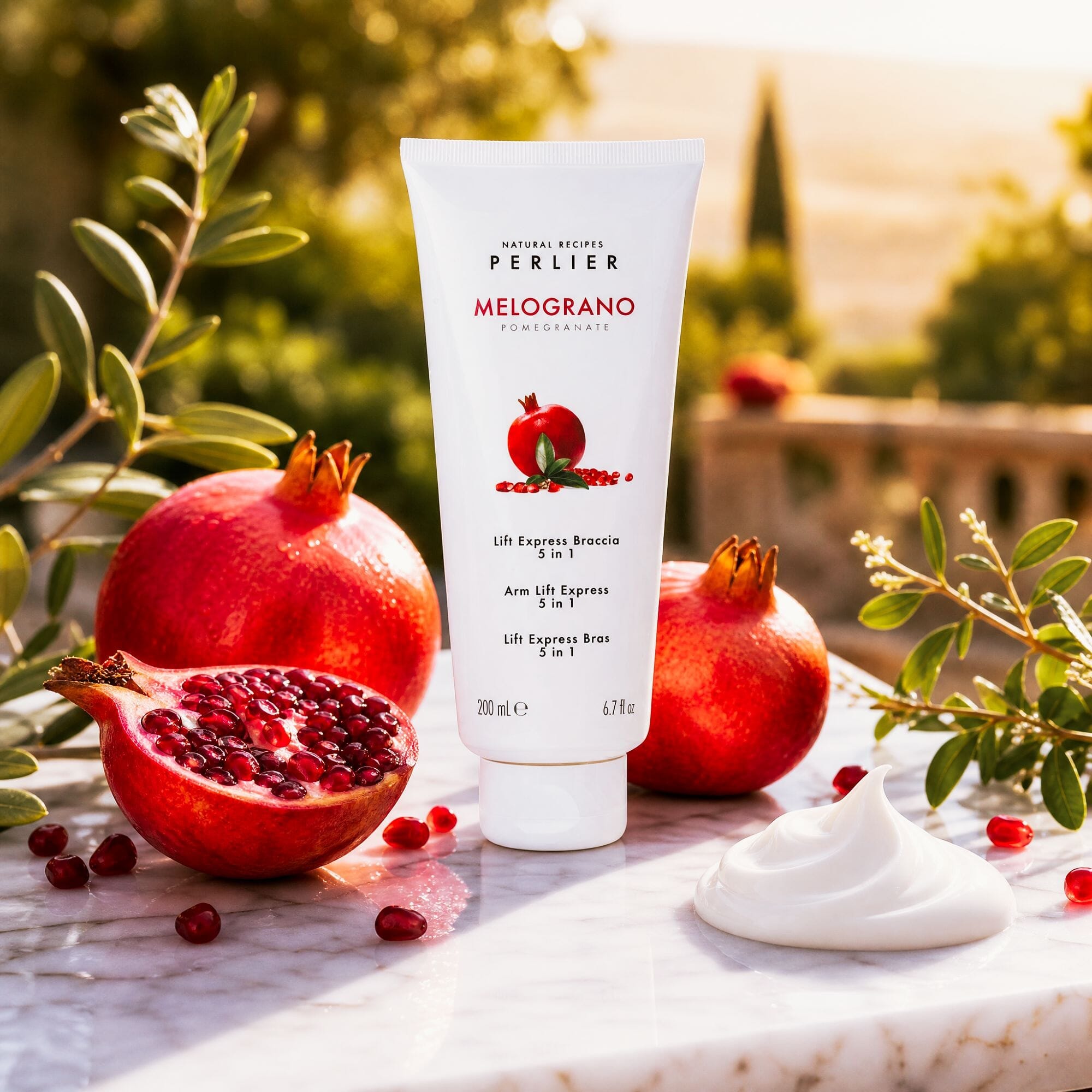Perlier 6.7 oz tube of arm lift express on marble table with pomegranates