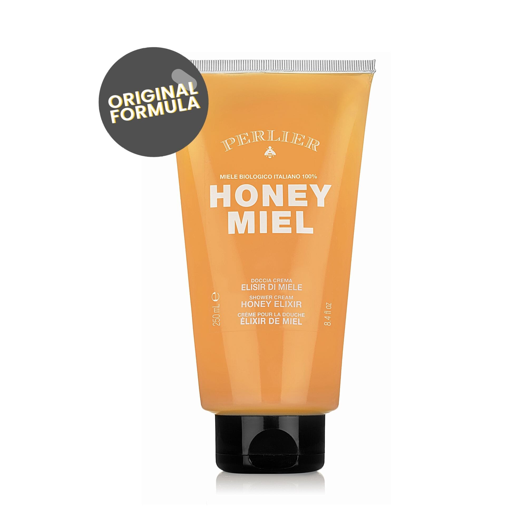 An 8.4 oz squeeze tube of Perlier Honey Miel original formula body wash on a white background. 