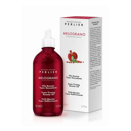 3.2 oz bottle of Perlier Pomegranate Firming Booster Oil and box on white bacground