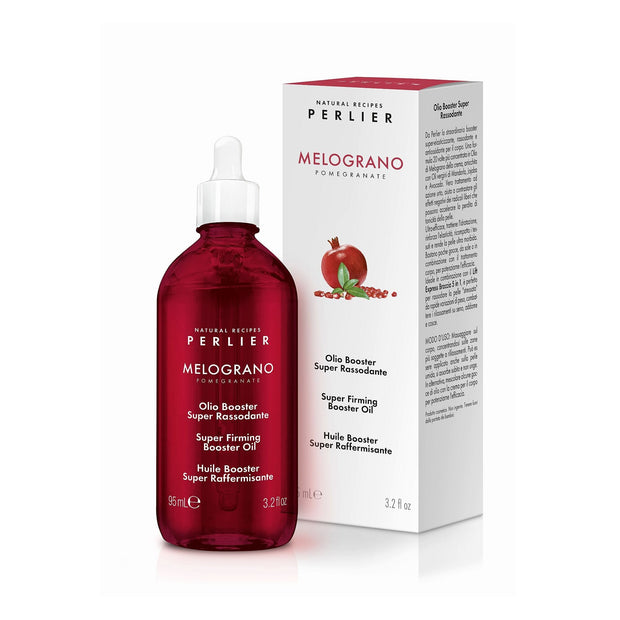 3.2 oz bottle of Perlier Pomegranate Firming Booster Oil and box on white bacground