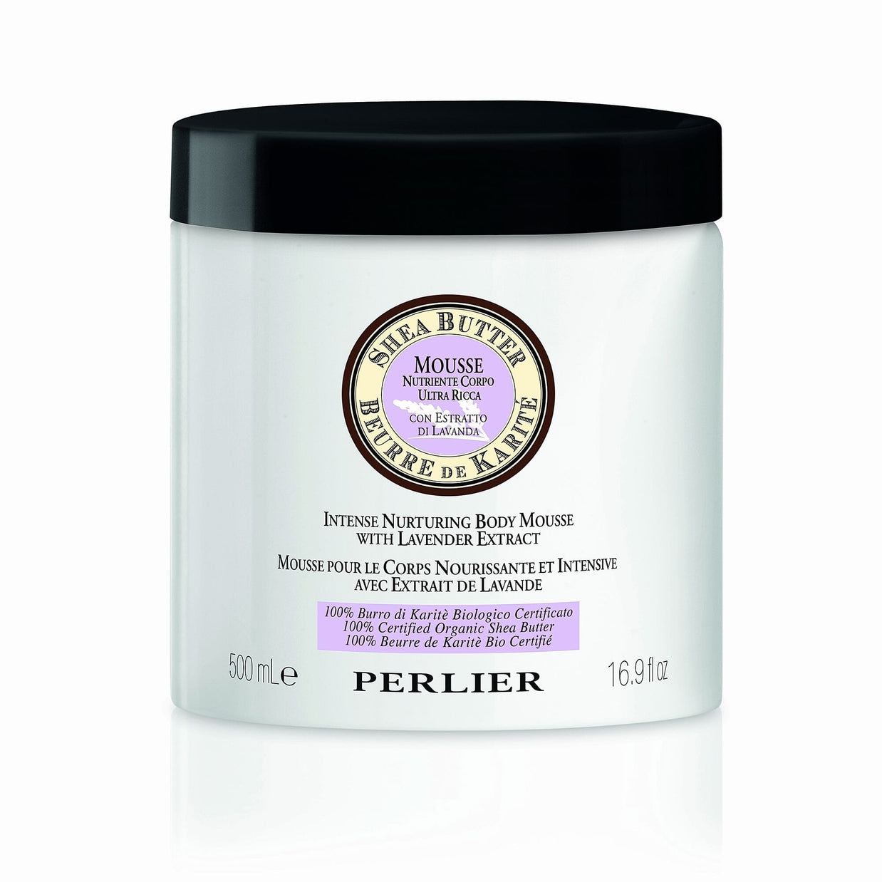 A 16.9 oz white jar of Perler Shea Butter and Lavender Body Mousse, on a white background