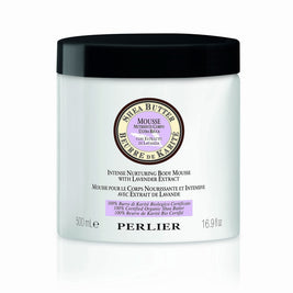 A 16.9 oz white jar of Perler Shea Butter and Lavender Body Mousse, on a white background