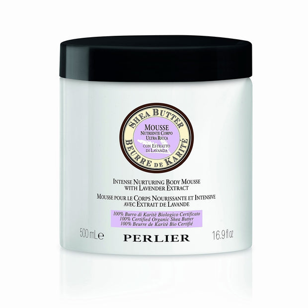 A 16.9 oz white jar of Perler Shea Butter and Lavender Body Mousse, on a white background