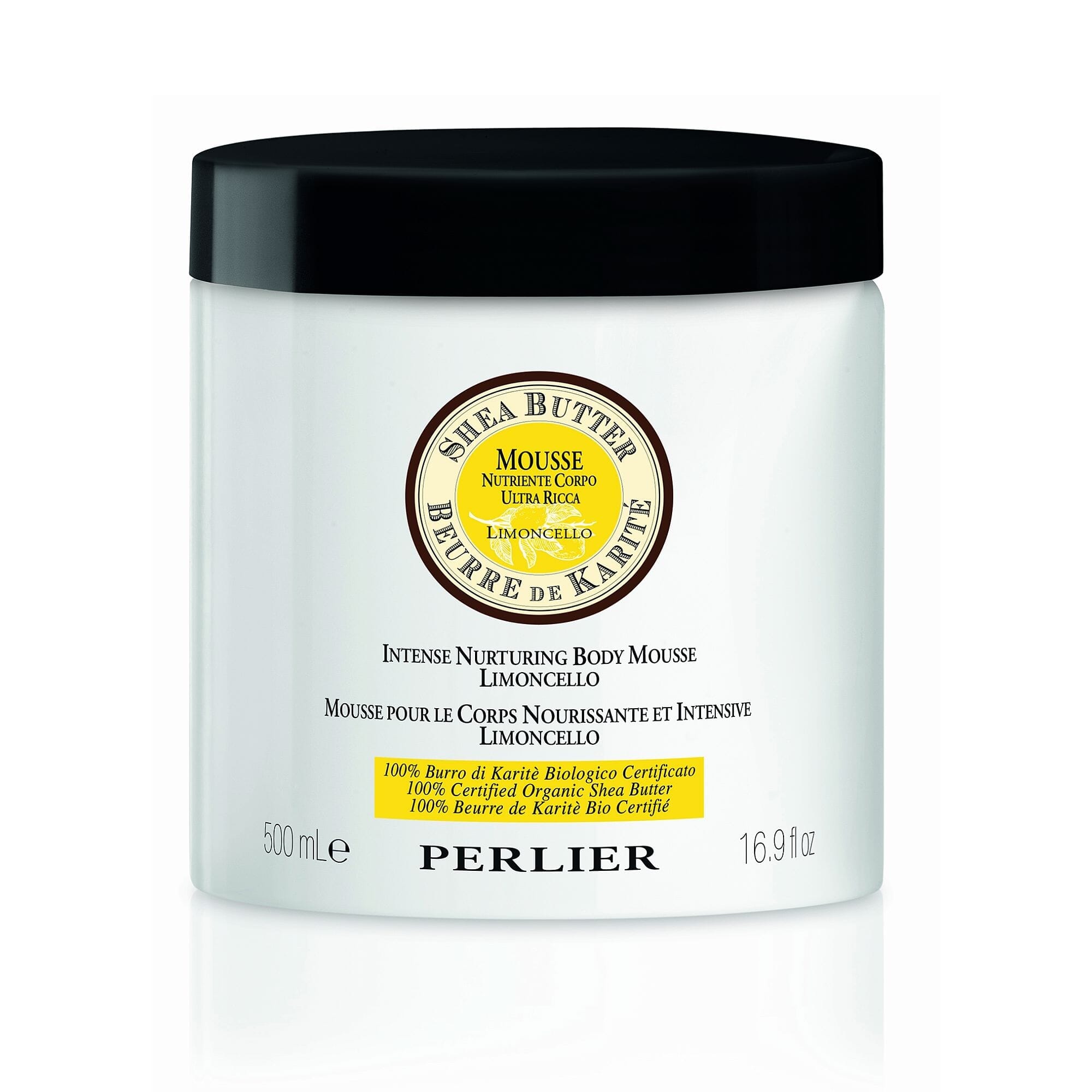 A 16.9 oz jar of Perlier Shea Butter Lemon Body Mousse on a white background.