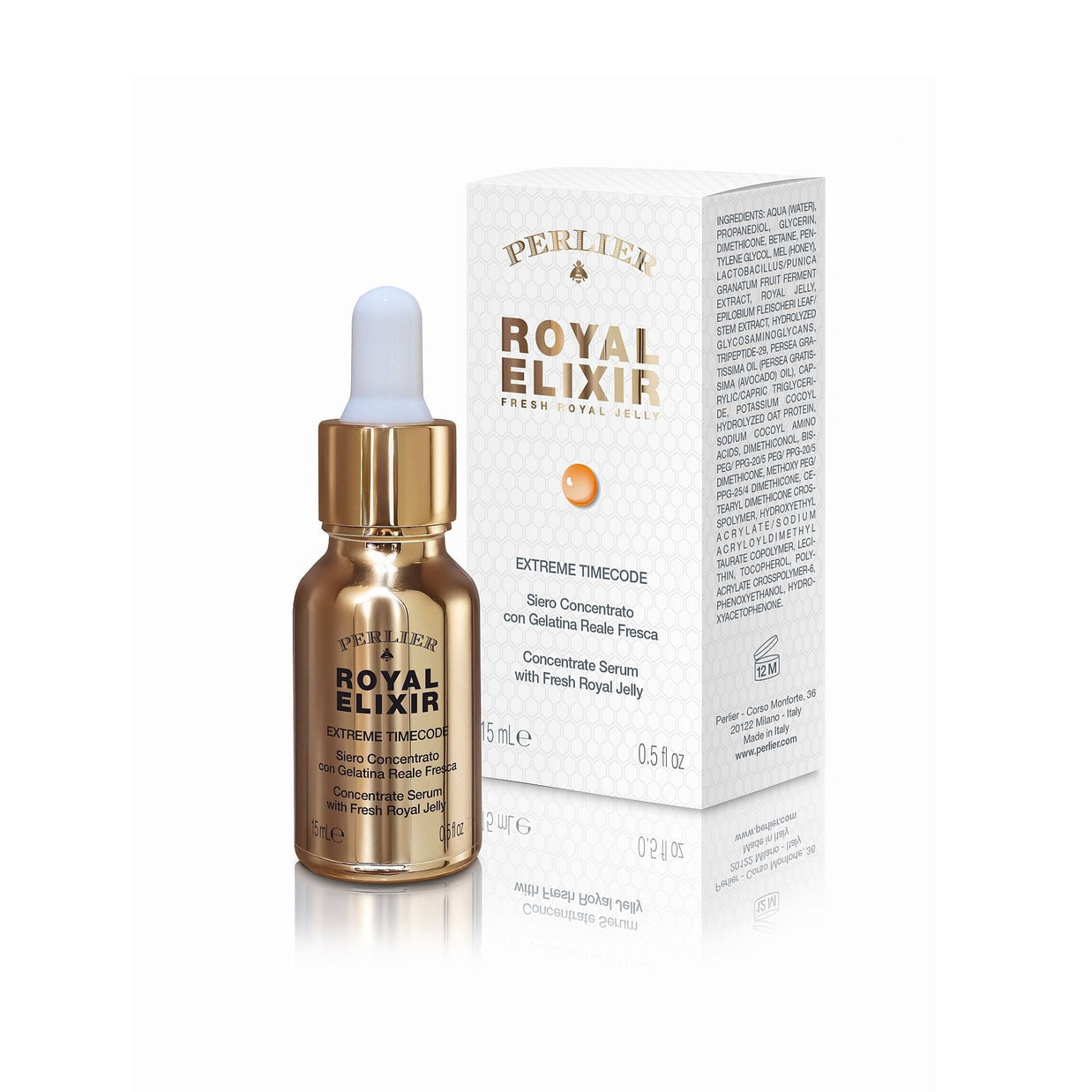 Perlier Royal Elixir Extreme Timecode serum in a gold dropper bottle next to its white and gold packaging box, on a clean white background with a subtle reflection.