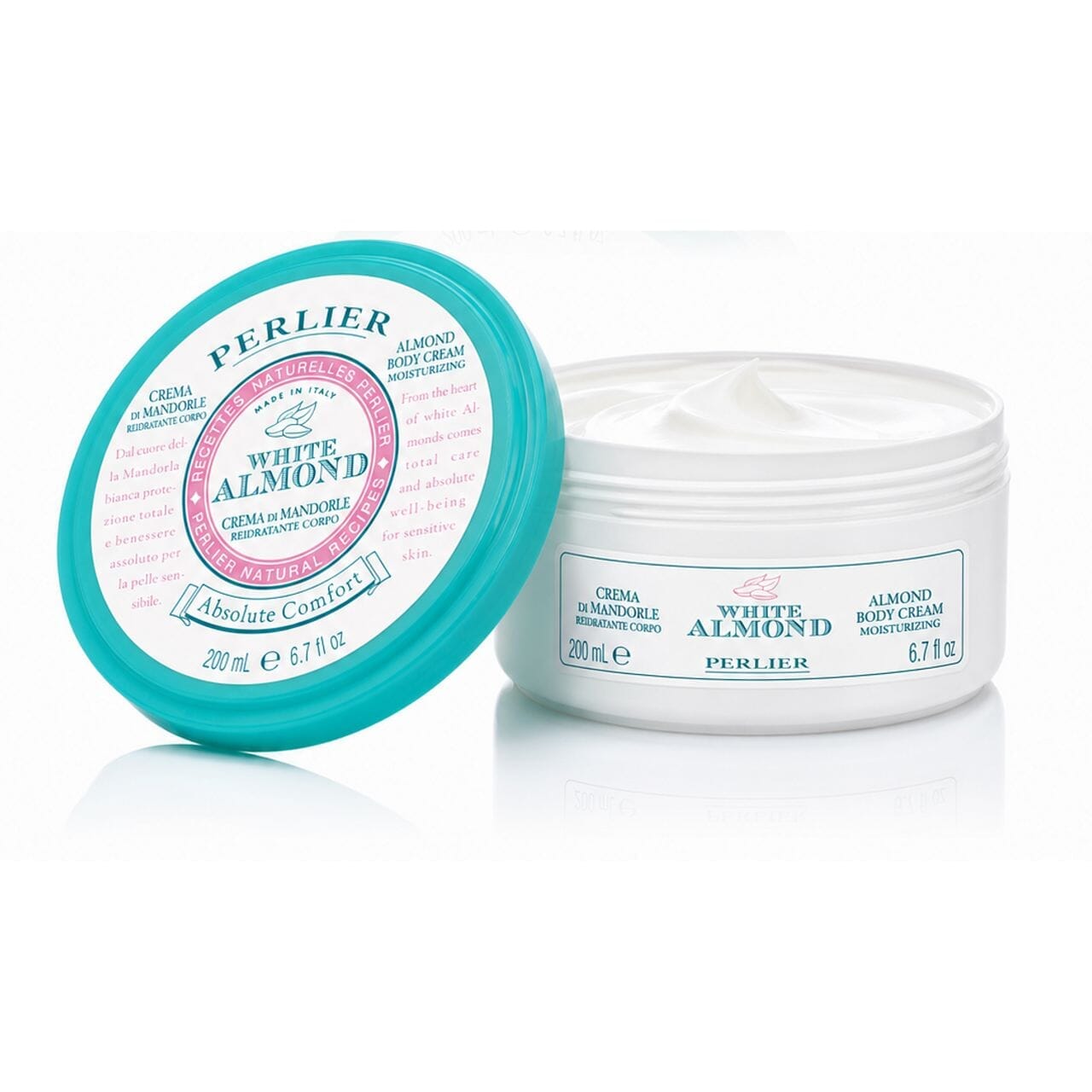 6.7 oz jar of Perlier White Almond Body Cream with lid off on white background