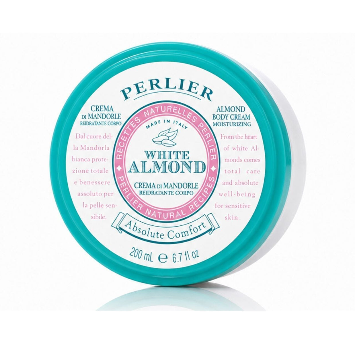 6.7 oz jar of Perlier White Almond Body Cream on white background