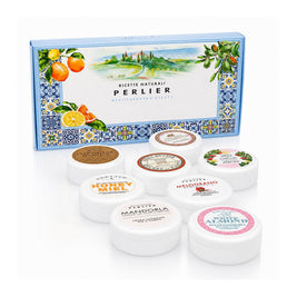8 1.6 oz Perlier body cream jars with a decorative gift box on a white background
