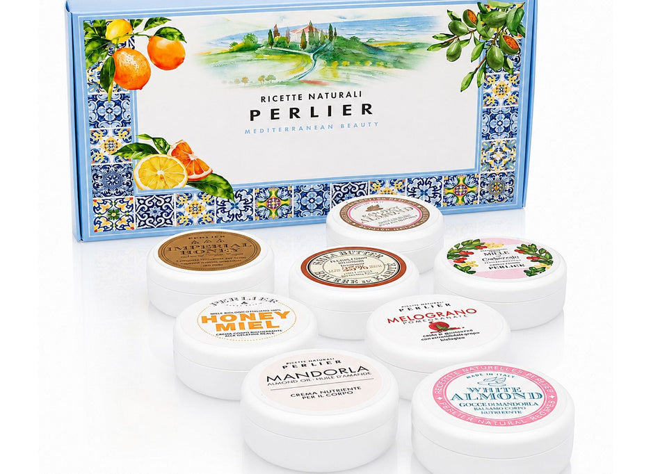 8 1.6 oz Perlier body cream jars with a decorative gift box on a white background