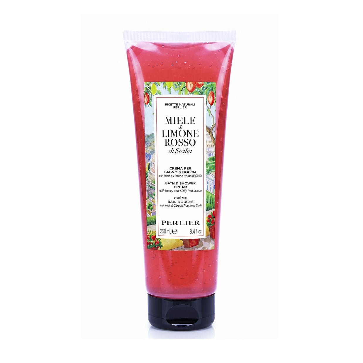 An 8.4 oz squeeze tube of Perlier Honey Red Lemon body wash on a white background