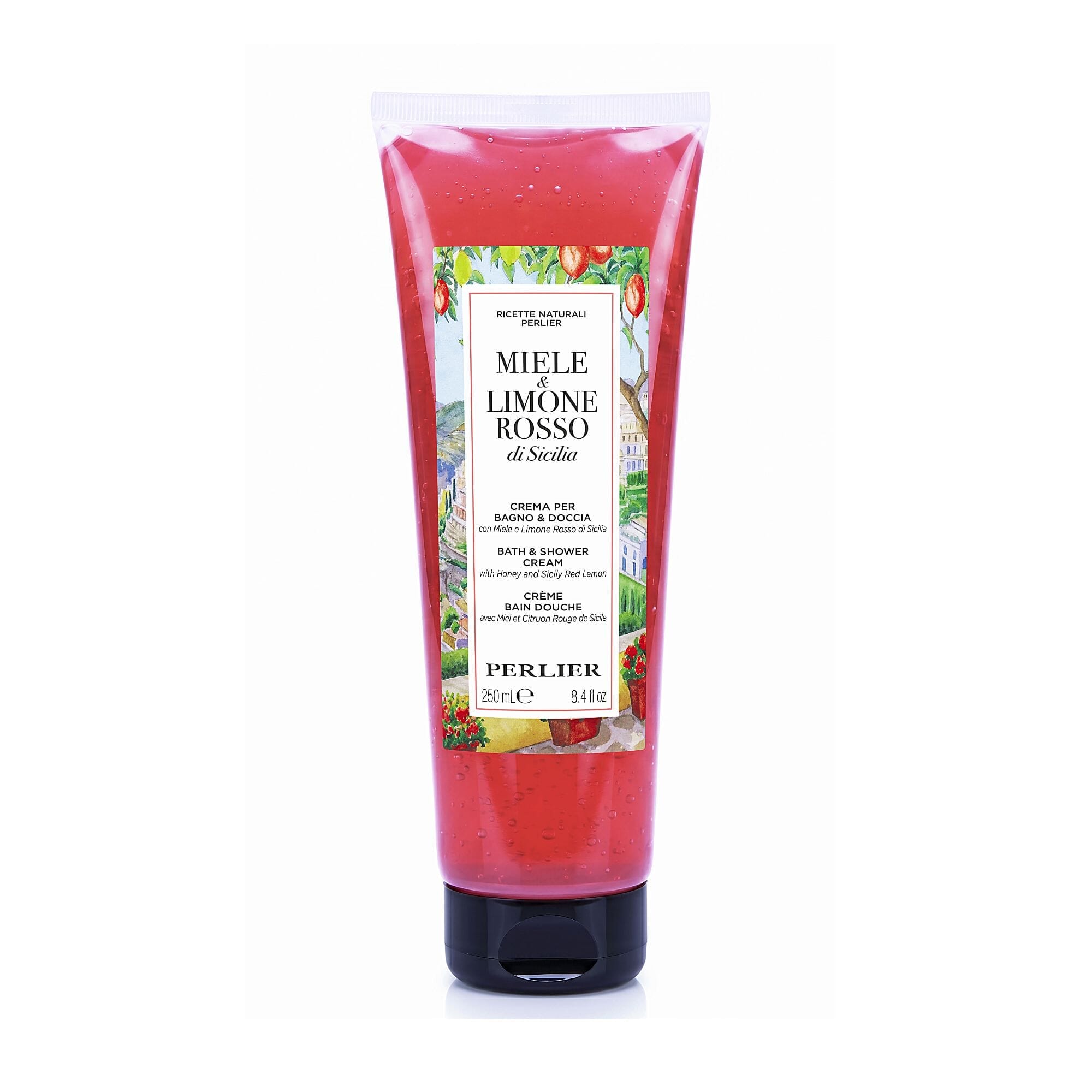 An 8.4 oz squeeze tube of Perlier Honey Red Lemon body wash on a white background