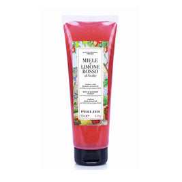 An 8.4 oz squeeze tube of Perlier Honey Red Lemon body wash on a white background