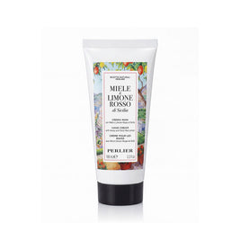 3.3 oz tube of Perlier Honey + Red Lemon hand cream in a white squeeze tube with a black cap, featuring a colorful botanical label on a white background.