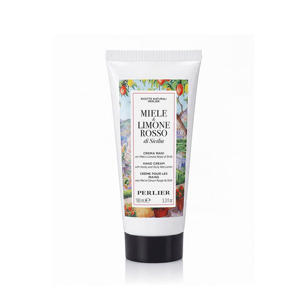 3.3 oz tube of Perlier Honey + Red Lemon hand cream in a white squeeze tube with a black cap, featuring a colorful botanical label on a white background.