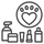 Icon of a heart with paw prints surrounded by cosmetic products on a white background. Products never tested on animals.