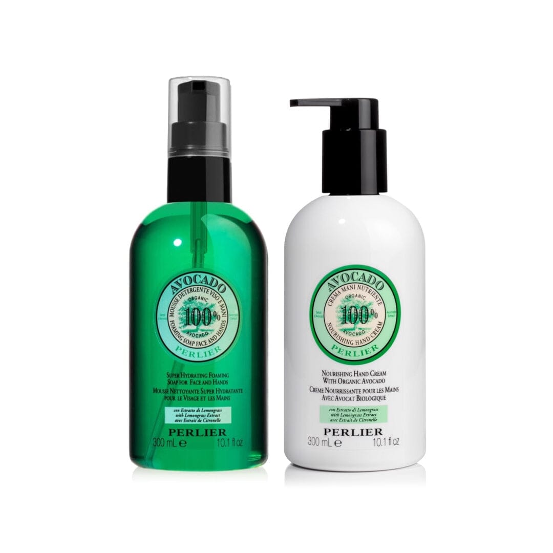 PERLIER AVOCADO & LEMONGRASS HAND CARE DUO | IMAGE OF 10.1 OZ LIQUID FOAMING SOAP IN BOTTLE WITH PUMP TOP AND 10.1 OZ HAND CREAM WITH PUMP TOP