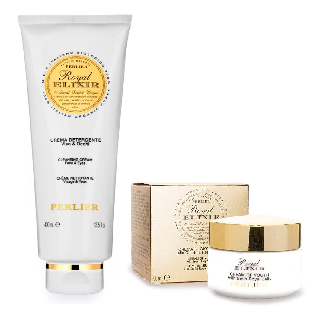 PERLIER ROYAL ELIXIR SKIN CARE DUO | ROYAL ELXIR CLEANSING FACE CREAM IN 13.5 OZ FLIP-TOP TUBE AND CREAM OF YOUTH FACE CREAM IN  1.6 OZ JAR 