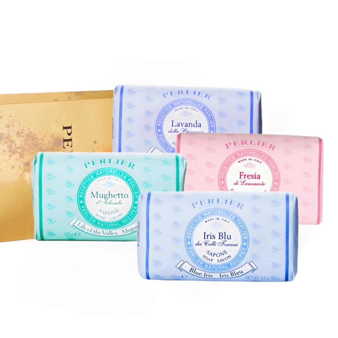 PERLIER 4-PC FLORAL BAR SOAP HOSTESS GIFT SET | LAVENDER; FREESIA; LILY OF THE VALLEY; IRIS BLUE