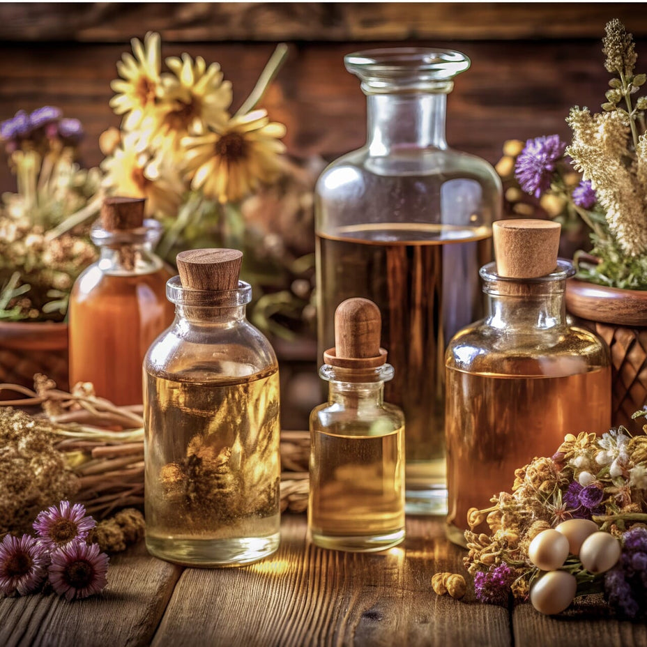 Collection of botanicals and extracts in glass bottles with cork stoppers on a wooden surface .