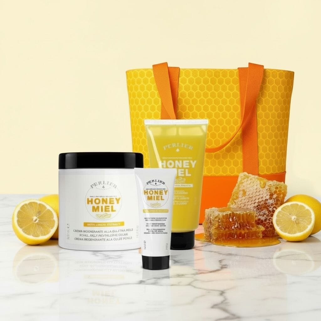 3 Perlier Honey Lemon body care products with a honeycomb-patterned bag on surrounded by lemons and honey