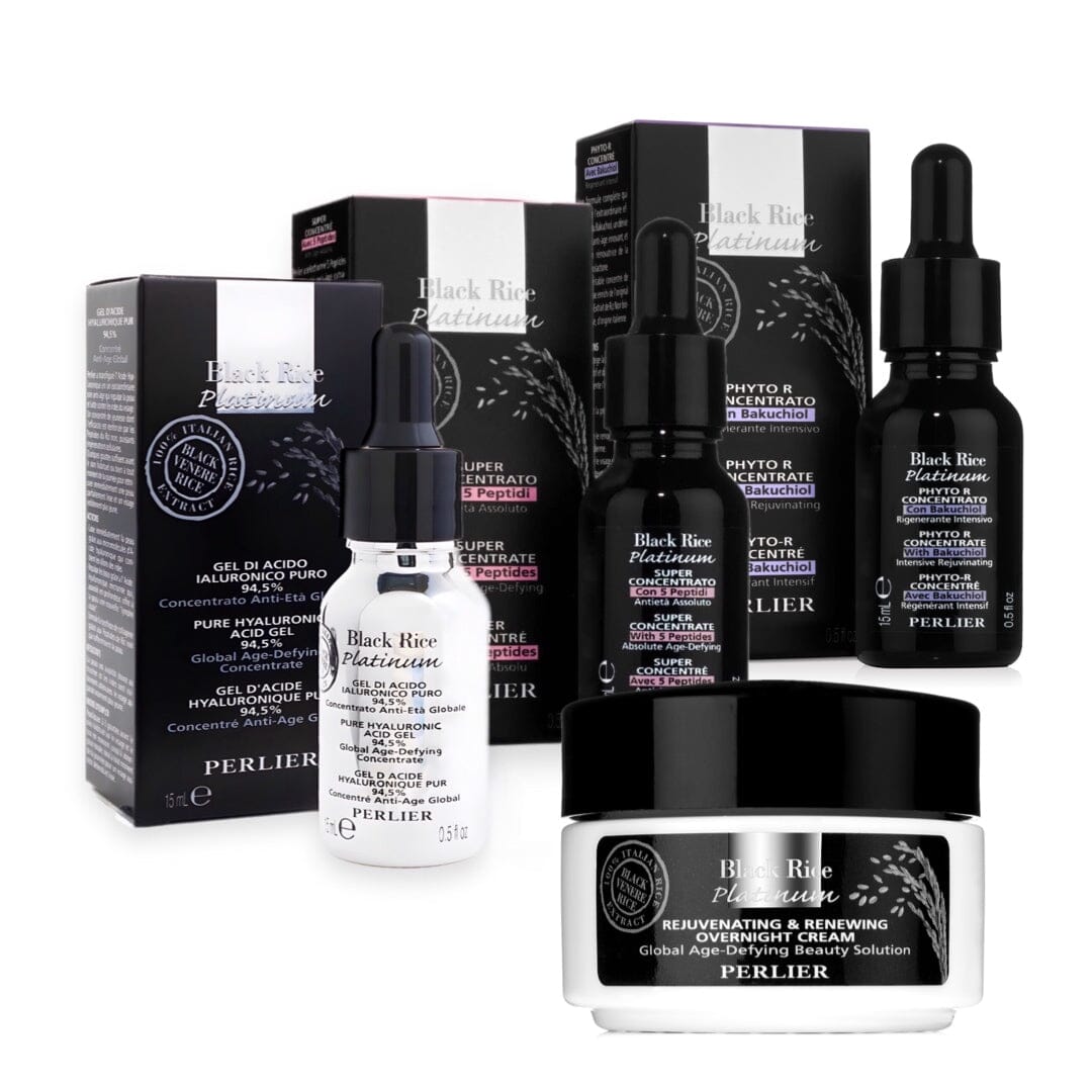 PERLIER ULTIMATE BLACK RICE ANTI-AGING 4-PC SET | HYALURONIC ACID, MULTI-PEPTIDES, PHYTO-R CONCENTRATE AND OVERNIGHT RETINOL CREAM