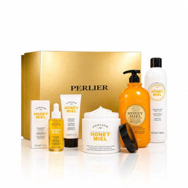 Perlier 5-pc Honey Miel gift set - body wash, hand cream, body oil, body cream and shampoo with gold gift box on white background.