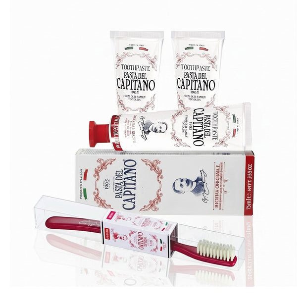 3 tubes of Pasta del Capitano Original Recipe toothpaste and toothbrush on a white background