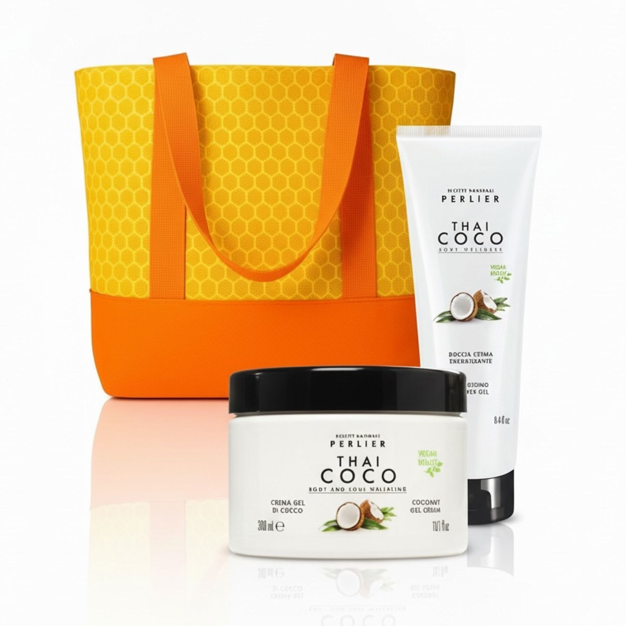 Perlier Thai Coco body cream and shower gel, and a yellow and orange tote bag on a white background