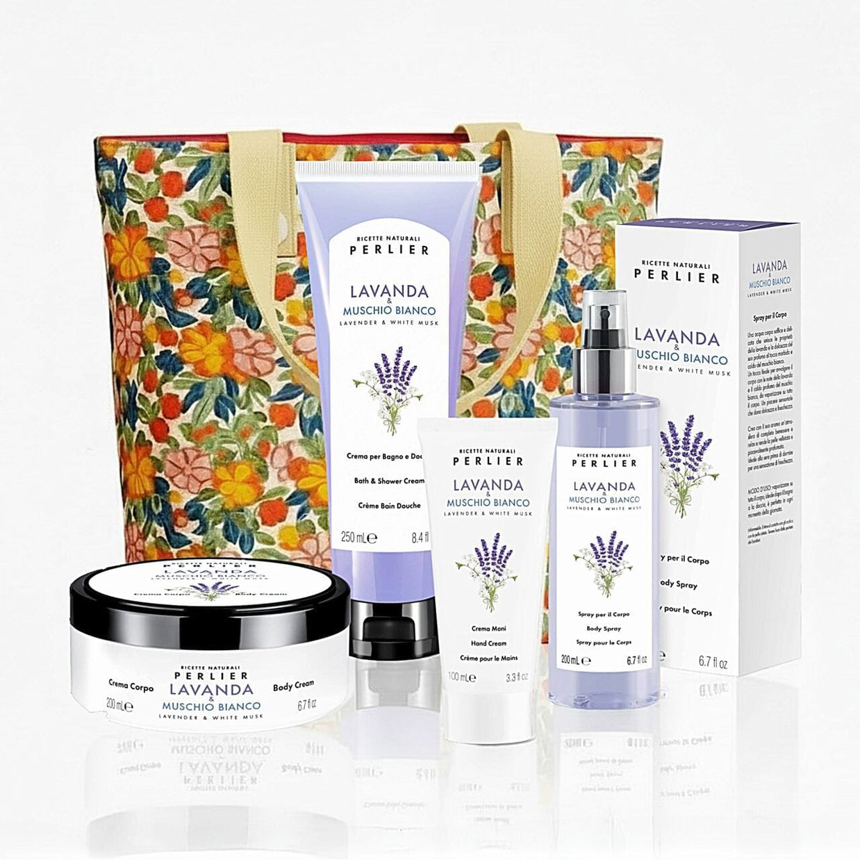 4 Perlier Lavender & White Musk bodycare products and a floral tote bag, on a white background