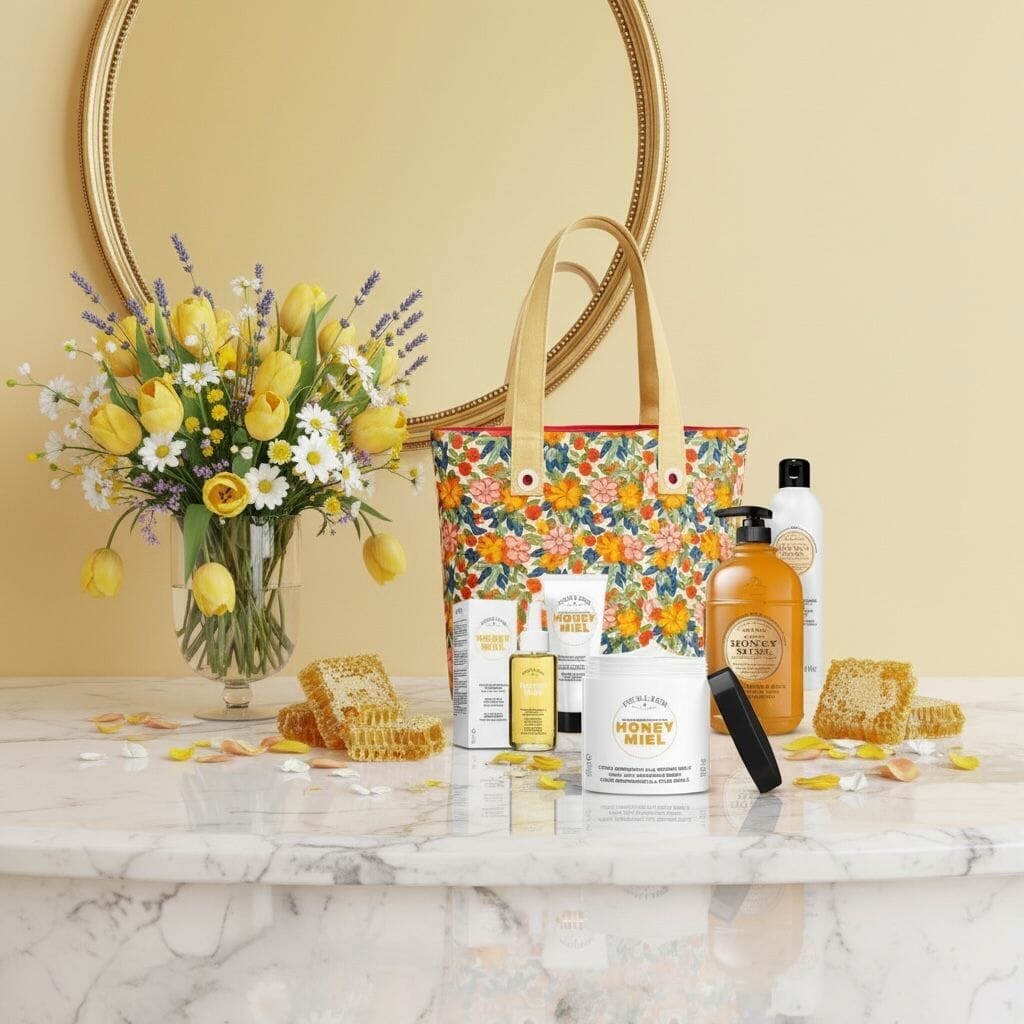 5 Perlier Honey Miel body care products and a floral tote bag, in front of a floral arrangement on a marble surface with a decorative mirror in the background.