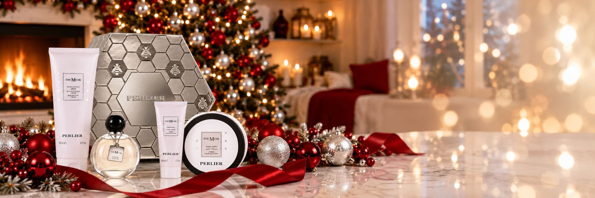 Perlier The Musk gift set in front of a festively decorated tree and cozy fireplace.