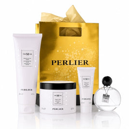 A holiday gift set from Perlier featuring The Musk products including a body wash, hand cream, body cream, and perfume arranged with a gold Perlier gift bag, on a white background.