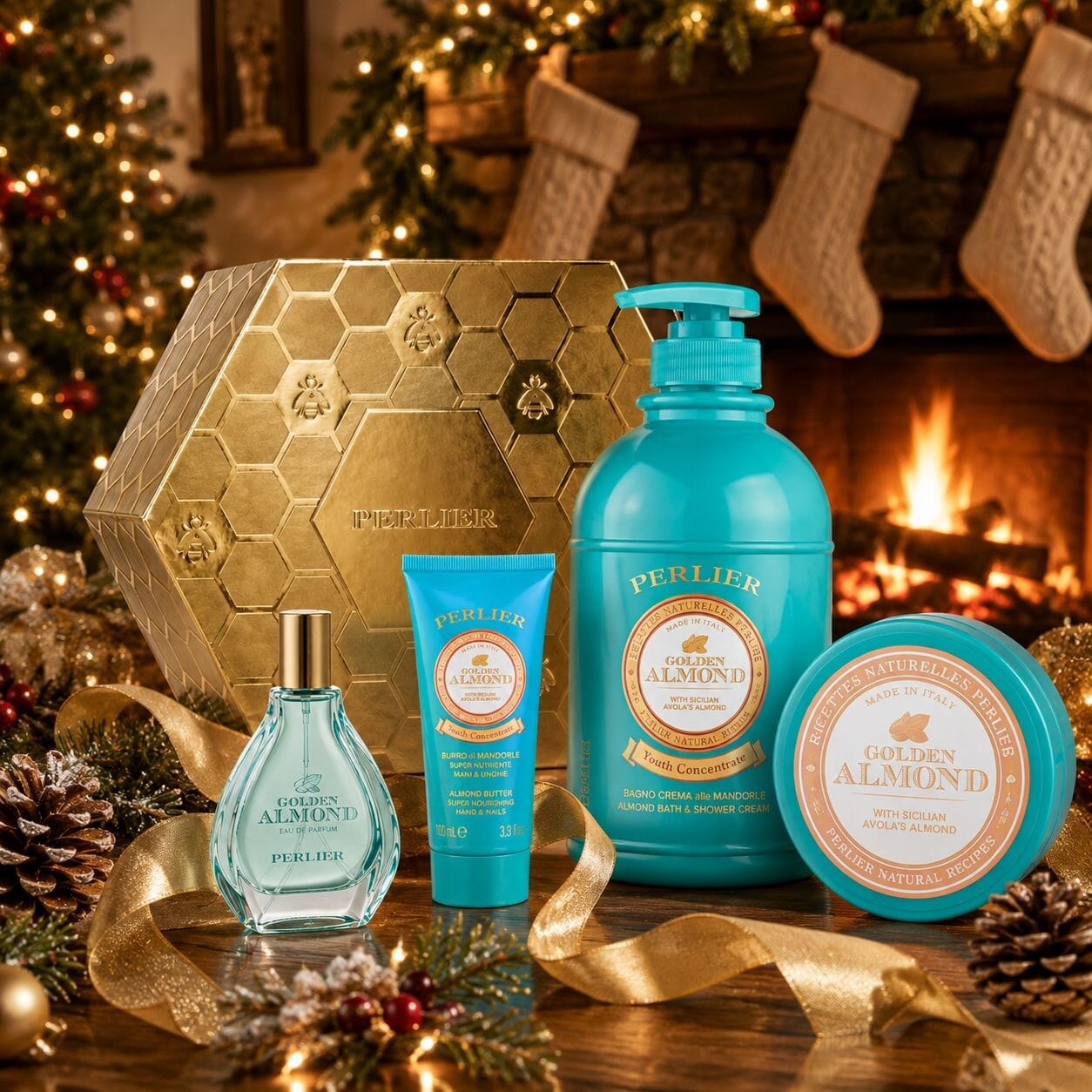 A Perlier Golden Almond gift set featuring a body wash, body balm, hand cream, and perfum, arranged on a table with gold ribbons, pinecones, and a warm fireplace background.