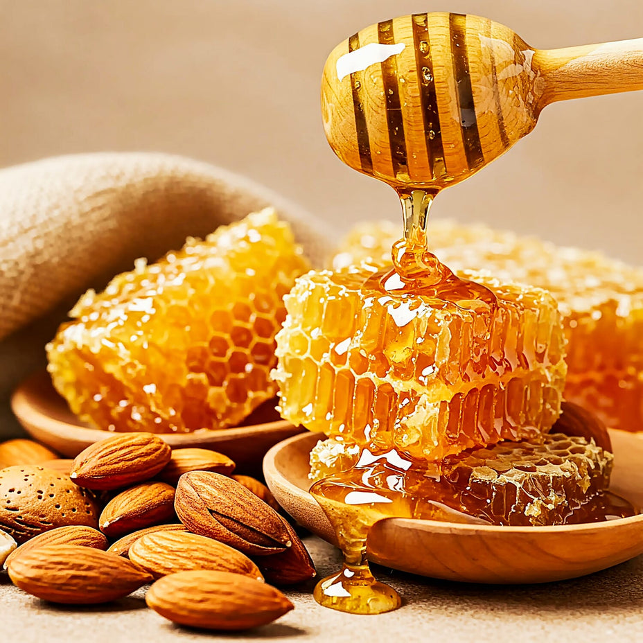 Honeycomb with honey being dripped from a wooden honey dipper, surrounded by almonds on a wooden surface.