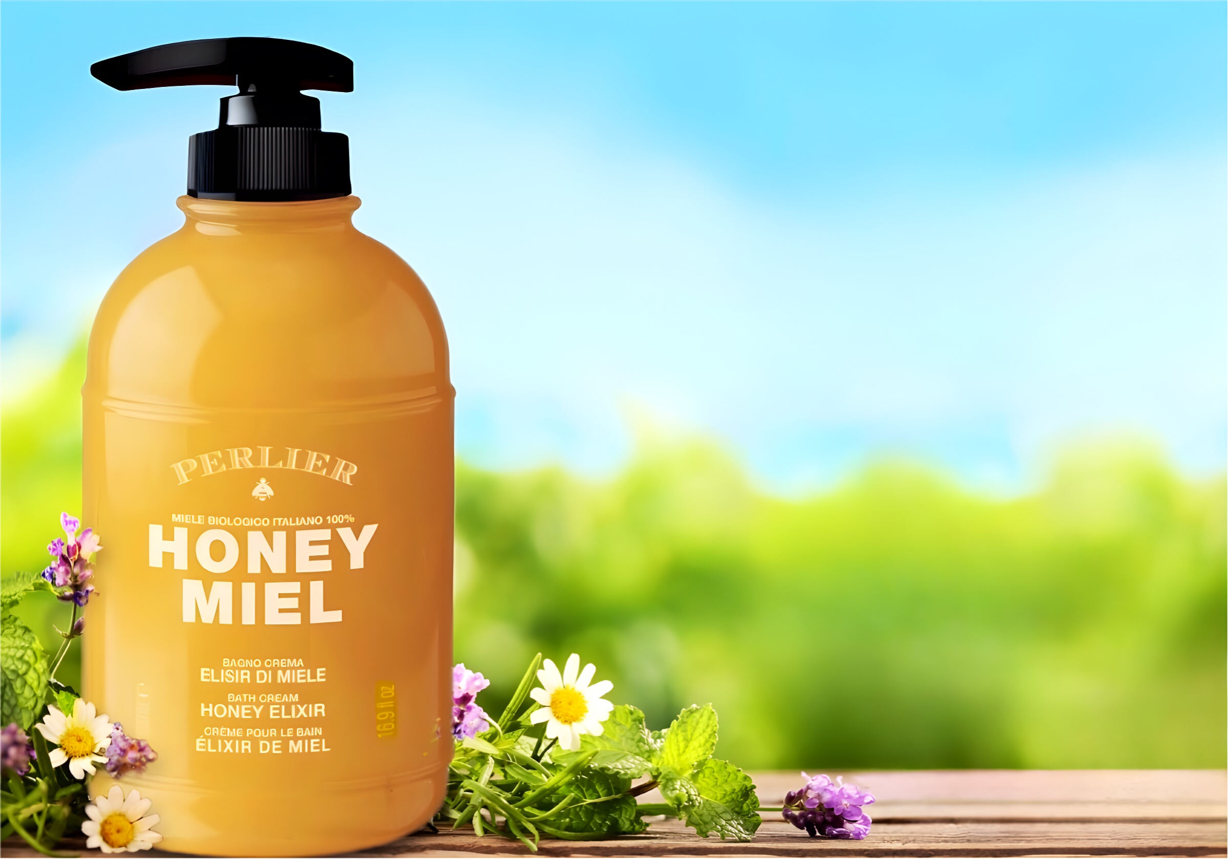 Perlier Honey Miel Bath & Shower Cream surrounded by wildflowers