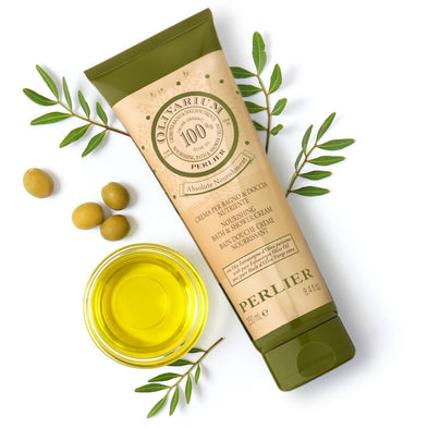 Perlier Olivarium body wash with olive branches and olives on a white background
