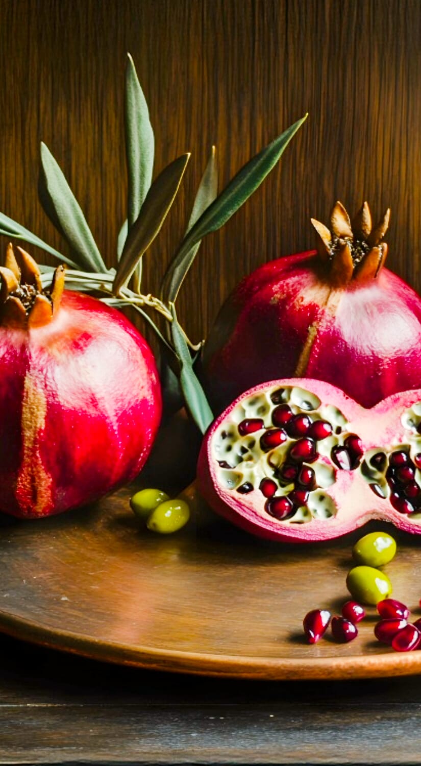 Pomegranate with a cut open on a wooden surface