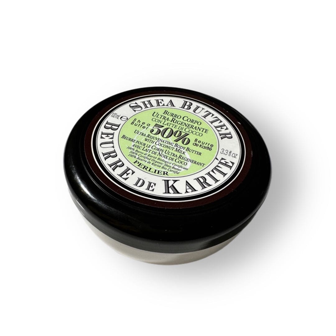 PERLIER 3.3 OZ 50% SHEA BUTTER + COCONUT BODY BUTTER IN WHITE JAR WITH BLACK SCREW-TOP LID