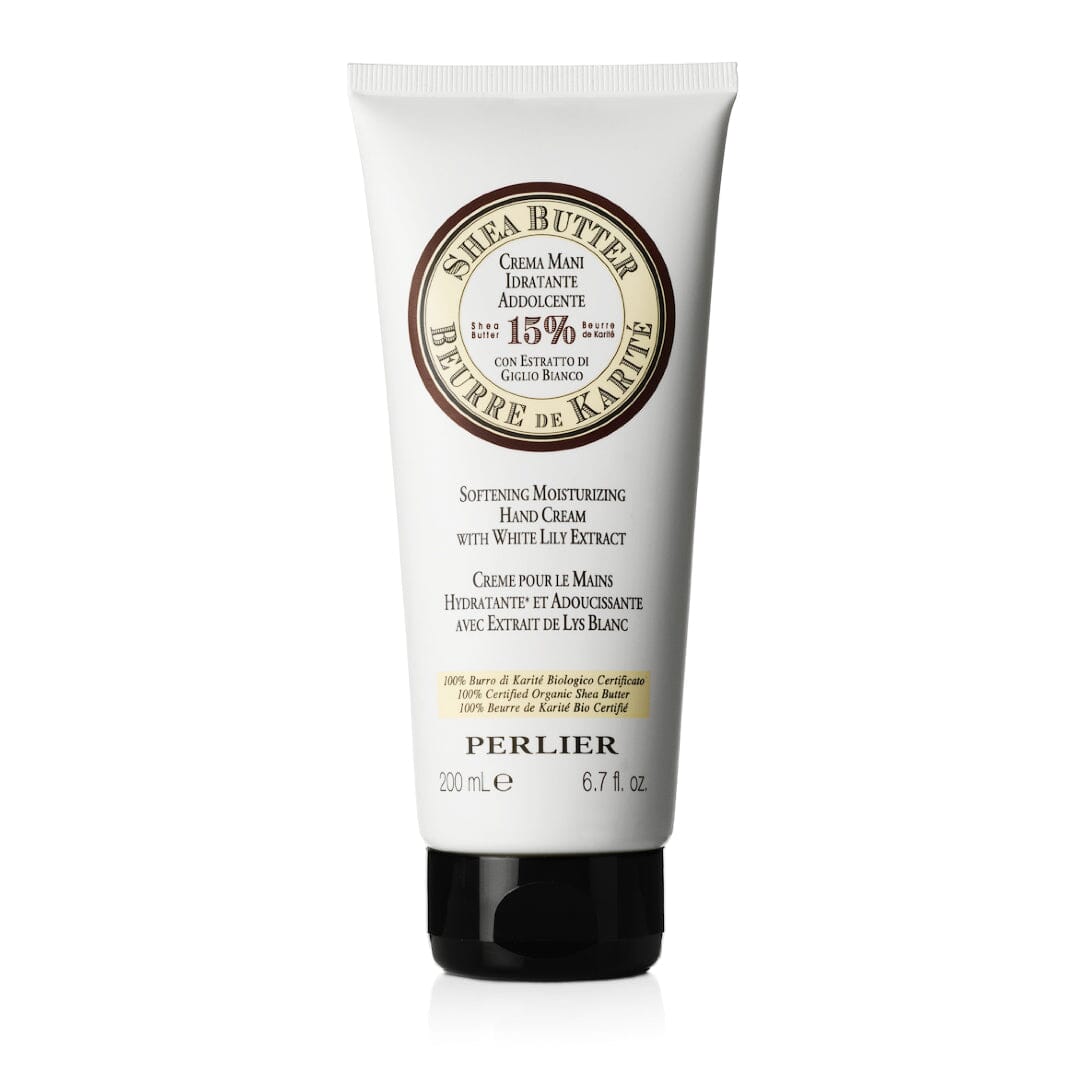PERLIER 6.7 OZ SHEA + WHITE LILY HAND CREAM IN WHITE TUBE WIITH BLACK FLIP-TOP LID