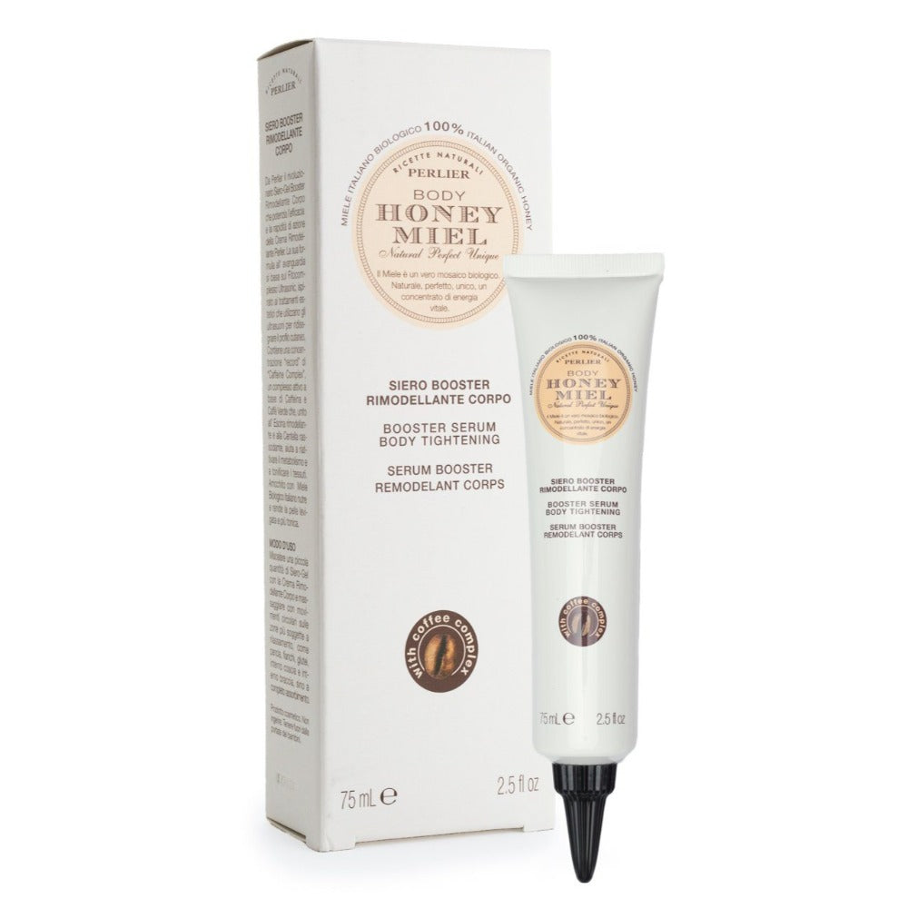 PERLIER 2.5 OZ HONEY BODY TIGHTENING BOOSTER SERUM IN WHITE TUBE PICTURE IN FRONT OF WHITE BOX