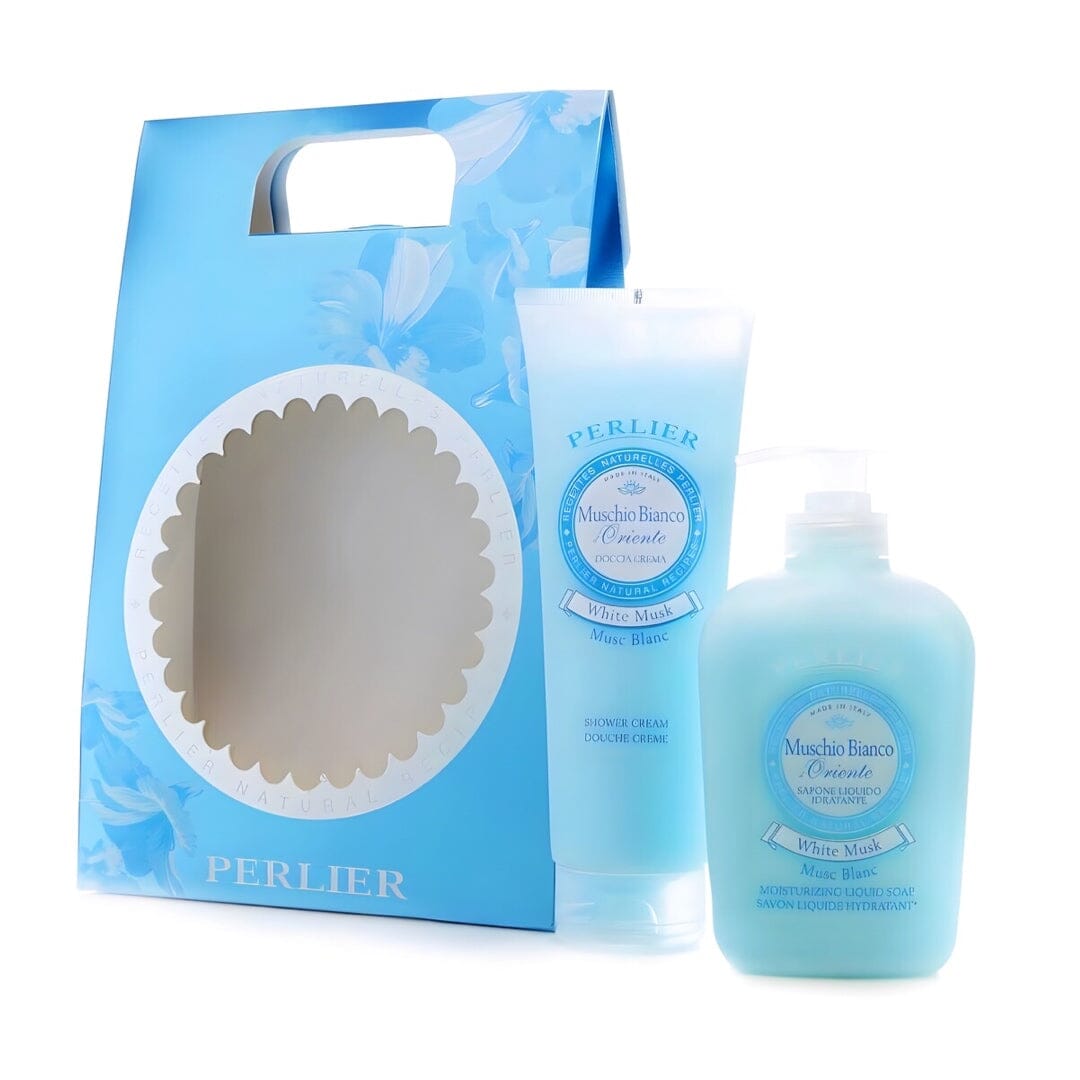 PERLIER WHITE MUSK GIFT SET | PICTURED: 8.4 OZ WHITE MUSK BODY WASH IN CLEAR TUBE WITH FLIP TOP AND 10.1 OZ LIQUID SOAP IN CLEAR BOTTLE WITH PUMP TOP NEXT TO LIGHT BLUE GIFT BOX