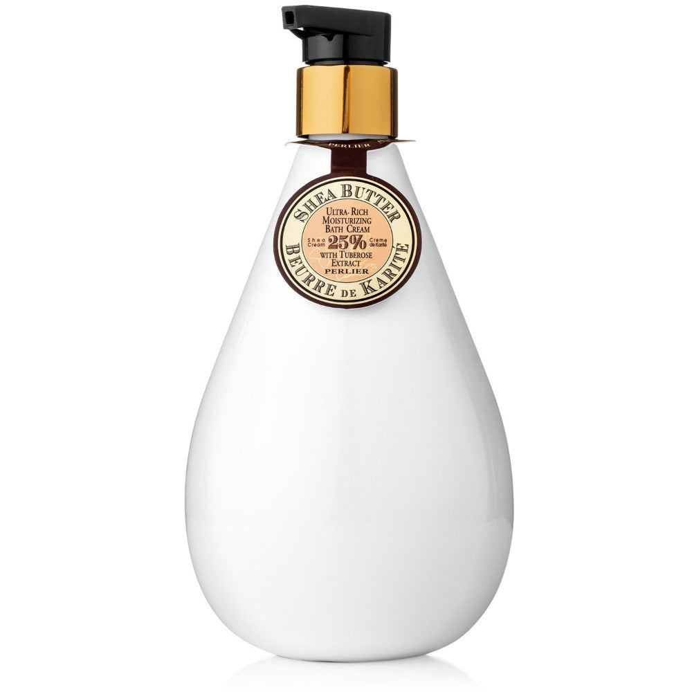 PERLIER 16.9 OZ SHEA BUTTER + TUBEROSE BATH & SHOWER CREAM IN LIMITED EDITION WHITE DROP-SHAPED BOTTLE WITH BLACK PUMP TOP