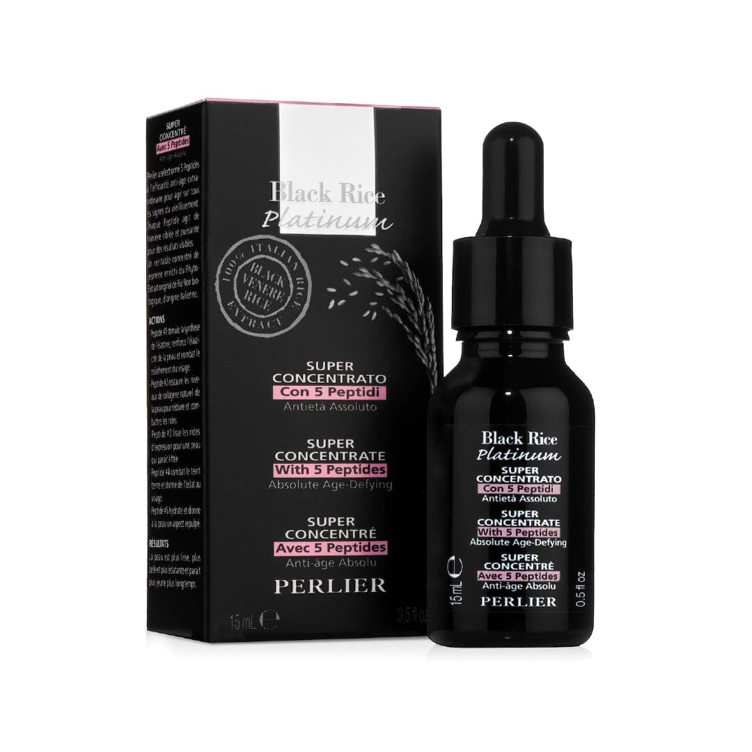 PERLIER 0.5 OZ BLACK RICE MULTI PEPTIDE CONCENTRATE IN BLACK BOTTLE WITH BLACK DROPPER CAP NEXT TO BLACK, SILVER AND PINK BOX