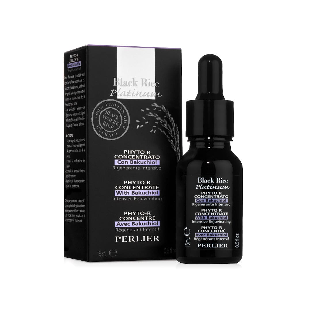 PERLIER 0.5 OZ BLACK RICE PHYTO-R CONCENTRATE IN BLACK BOTTLE WITH BLACK DROPPER-CAP NEXT TO BLACK, SILVER & PURPLE BOX