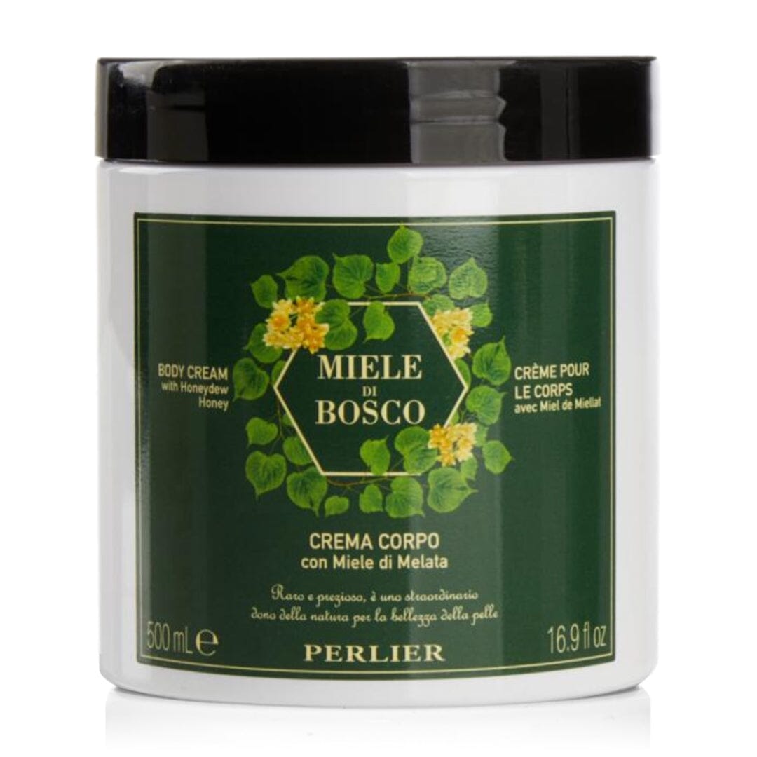 PERLIER 16.9 OZ HONEYDEW HONEY BODY CREAM IN WHITE JAR WITH BLACK & GREEN SCREW-TOP LID