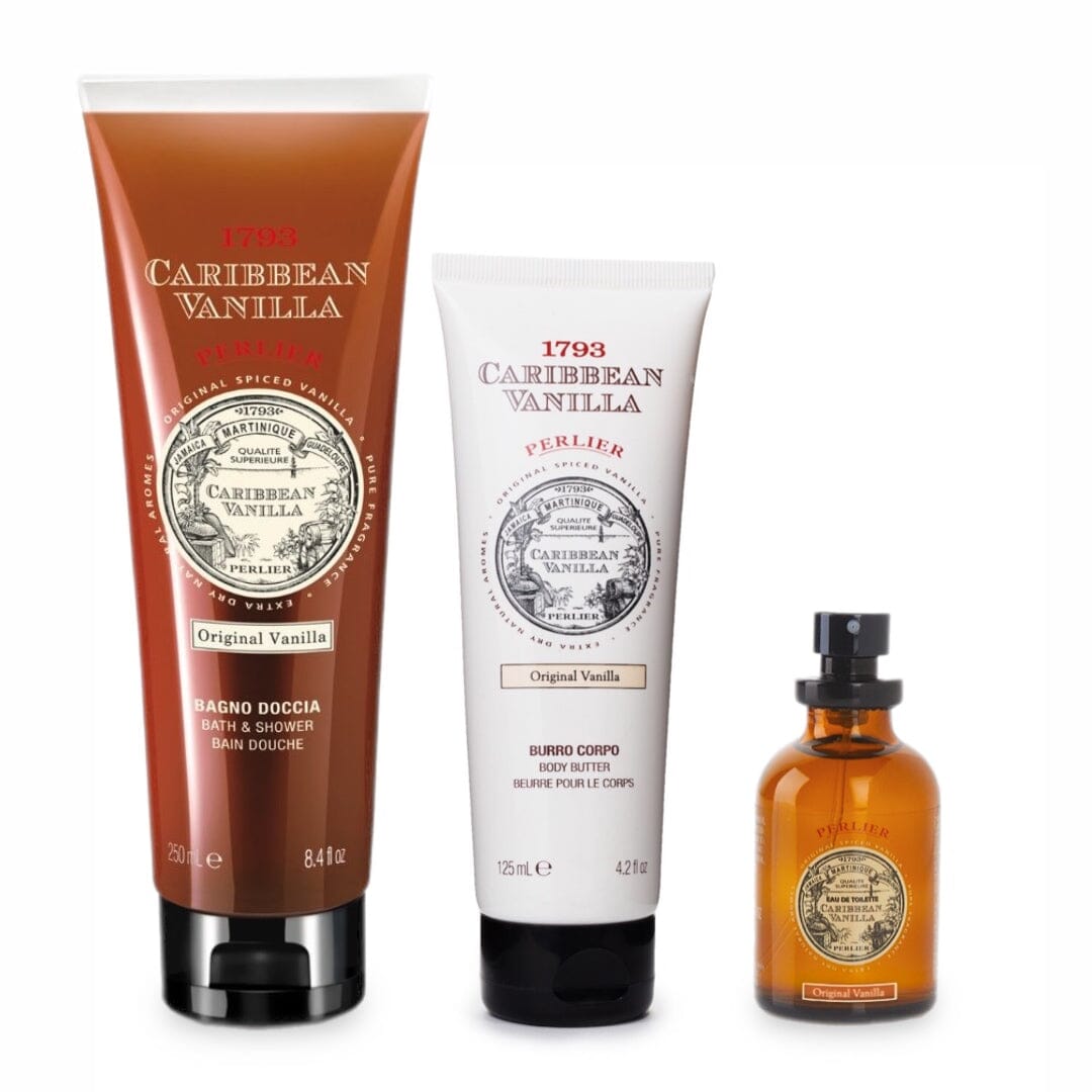 PERLIER CARIBBEAN VANILLA BATH & BODY TRIO: 8.4 OZ SHOWER GEL, 4.2 OZ BODY BUTTER, AND 1 OZ EDT